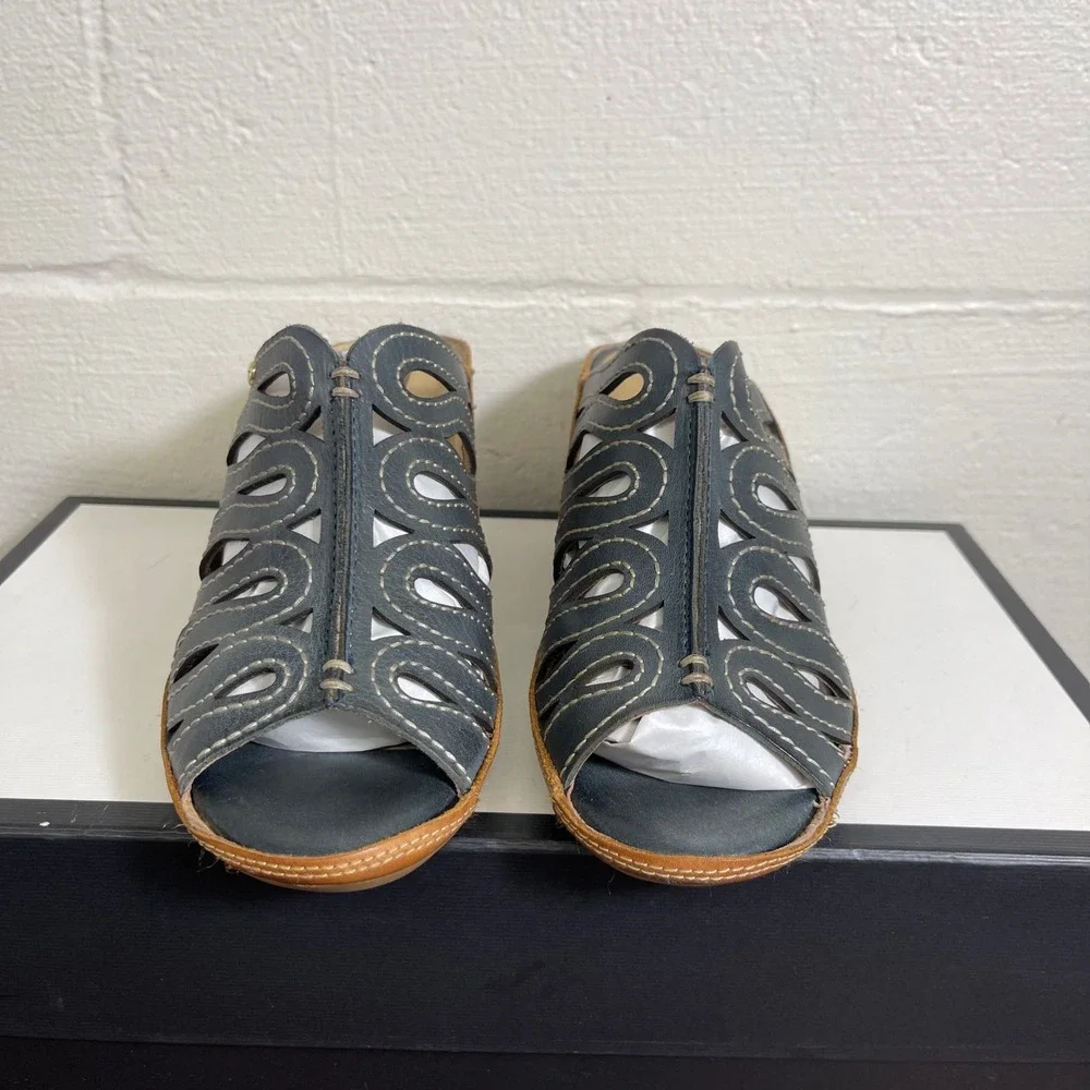 Pikolinos Capri Laser Cut Wedge Sandals Mules Blue Leather Women's 38‎ EU/8 US